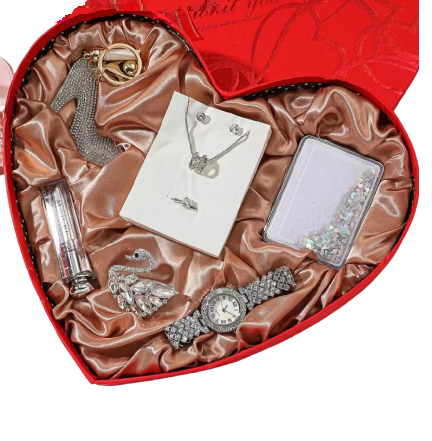 Set de Joyería Corazón Forever, 9 Piezas (Reloj, espejo, labial bálsamo, llavero, pendiente, anillo, aretes, cadena, dije)LD-460