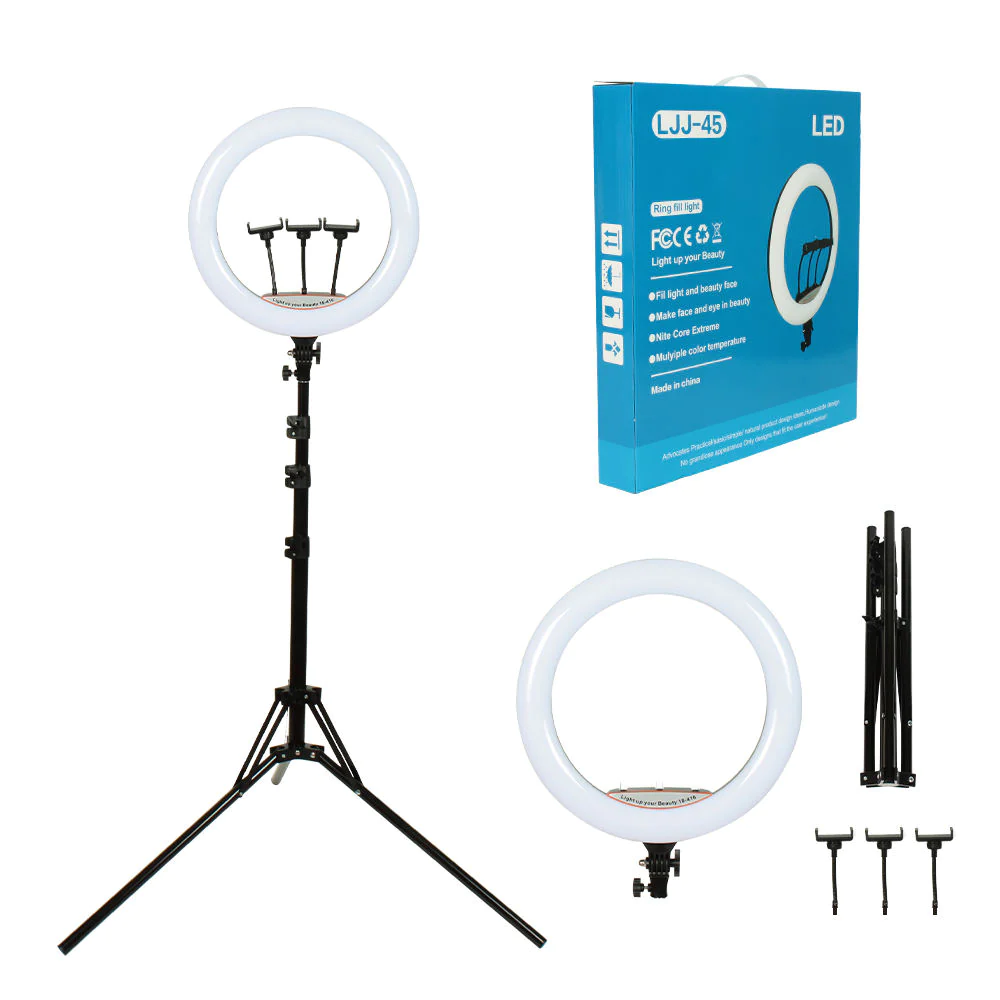 Aro de Luz Profesional de 18 Pulgadas (45 cm) con Triple Soporte Teléfono, Control Remoto y Trípode 2.10m(+3. Dto: 8.7%)-LJJ-45