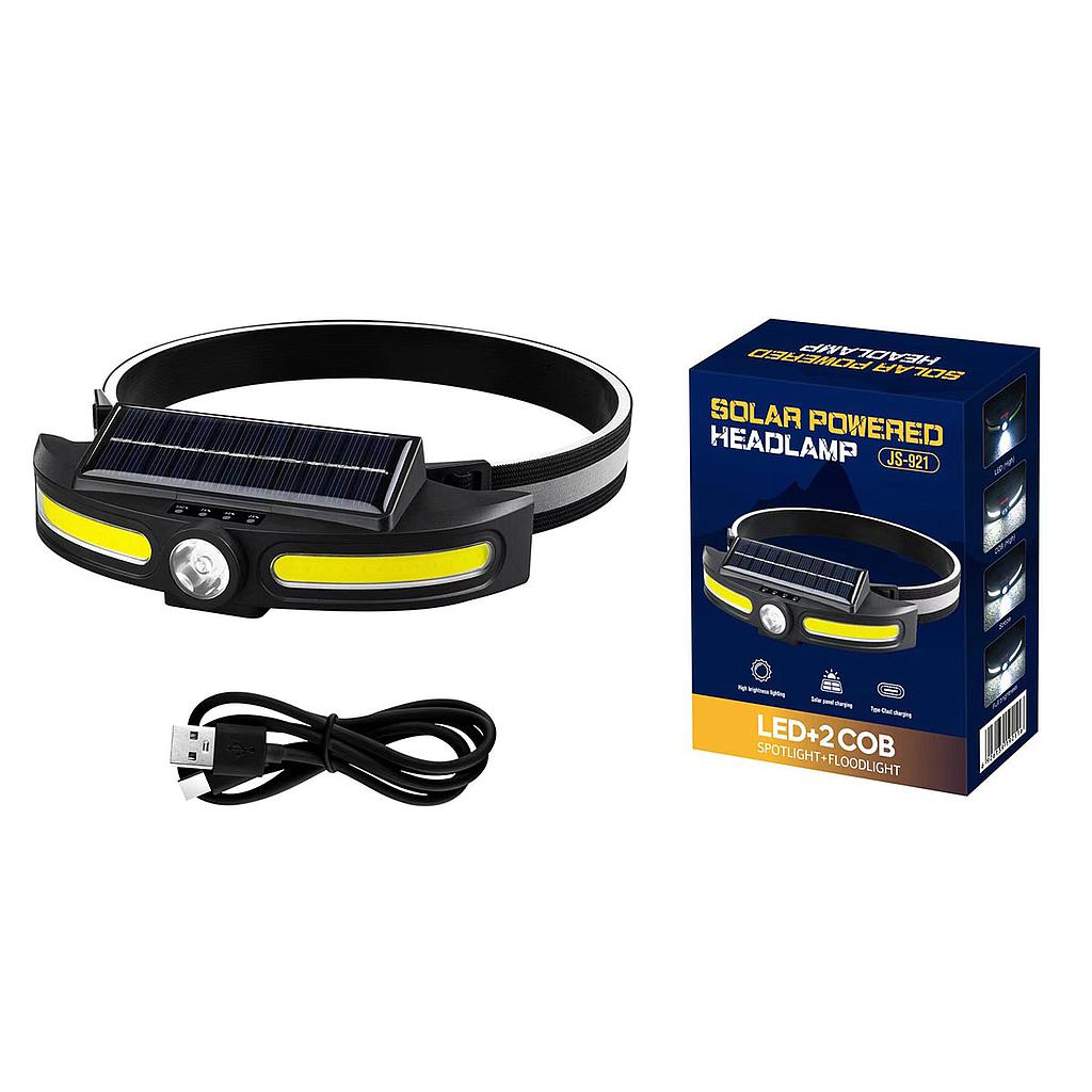 Linterna LED Impermeable, Recargable de Cabeza, Carga con Cable Tipo C y Panel Solar(+3. Dto: 9.1%)-JS-921