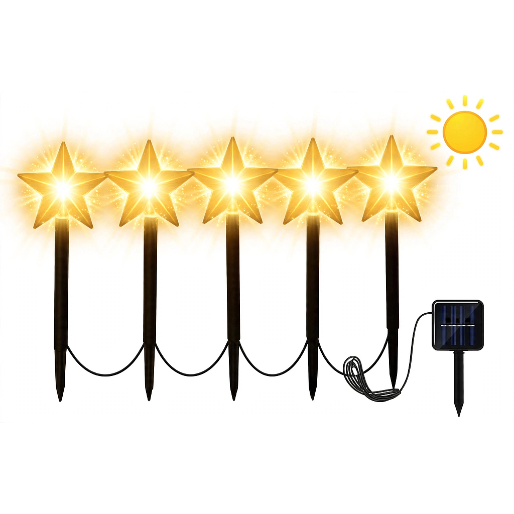 Guirnalda Solar Impermeable Tipo Estrellas, 5 Estacas, Luz Cálida(+3. Dto: 16.68%)-WTD-035